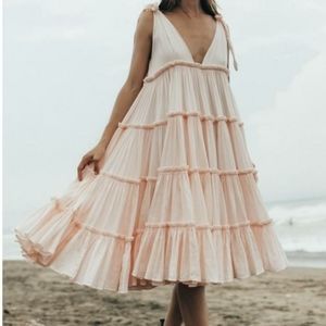 Innika choo midi gathered big frill ramie tiered dress v neck